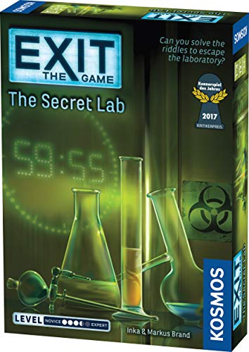 Box for “EXIT: The Secret Lab” board game with lab equipment and timer.