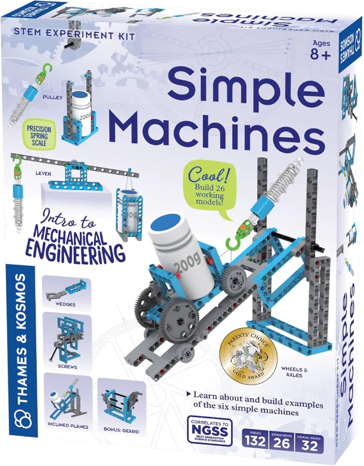 Box for Thames & Kosmos Simple Machines science kit with building examples.