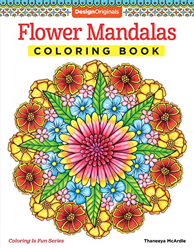 Cover of "Flower Mandalas" coloring book with colorful floral designs.