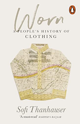 Book cover for "Worn," featuring a map-patterned garment illustration.