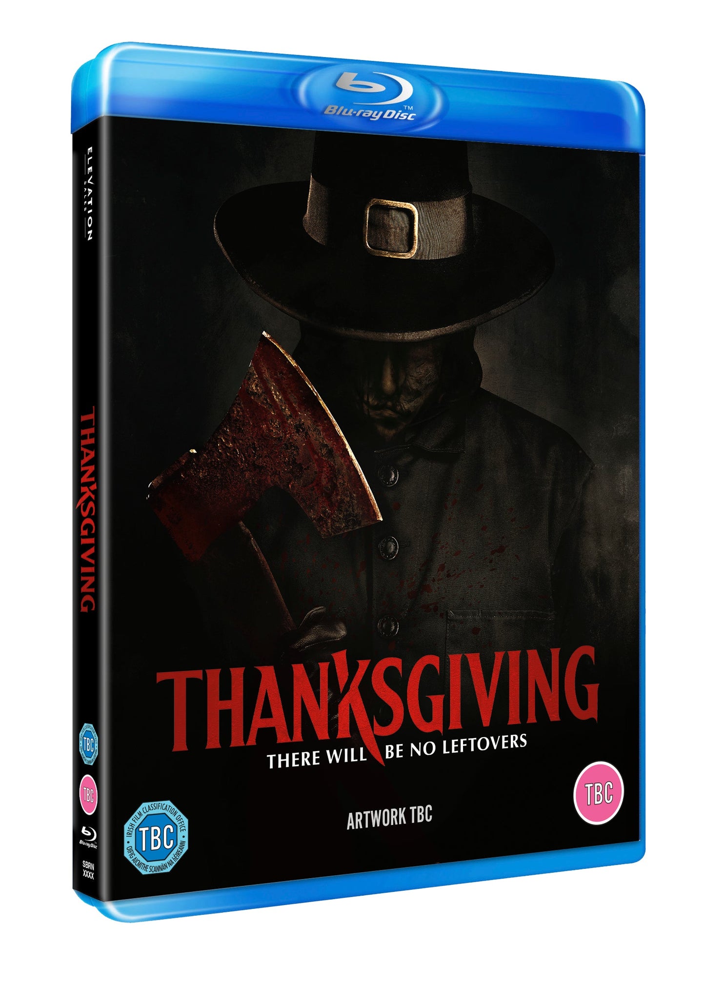 Blu-ray case for horror film "Thanksgiving" featuring a masked figure with an axe.
