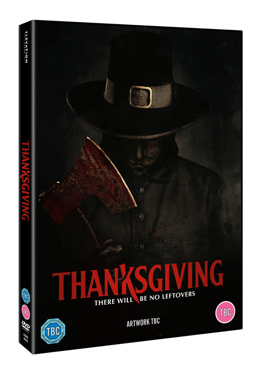 DVD cover for horror film "Thanksgiving" featuring a menacing figure with a meat cleaver.