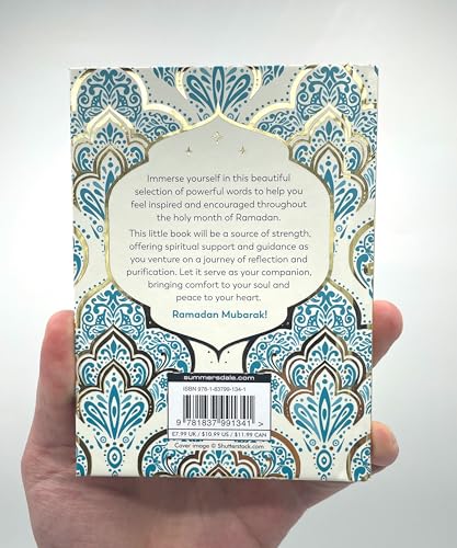 Book with ornate teal and gold Islamic design, titled "Ramadan Mubarak".