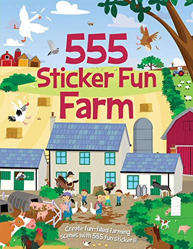 Colorful farm sticker book cover with animals, buildings, and people.