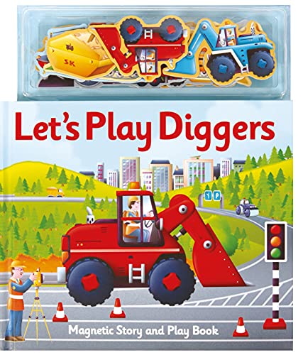 Magnetic storybook with colorful construction vehicles and magnetic play pieces.