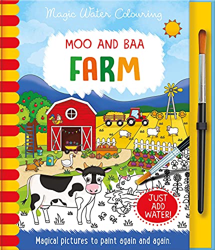 Farm activity book with a cow, barn, and paintbrush; magic water colouring.
