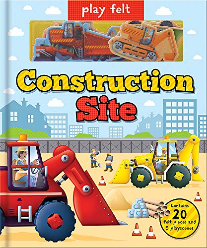 Felt construction site activity book with vehicles, workers, and playscenes.
