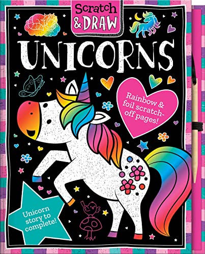 Black book cover with colorful unicorns and a scratch-off tool.