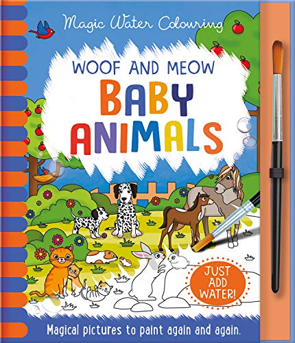 Colouring book cover with baby animals, a paintbrush, and text “Woof and Meow”.