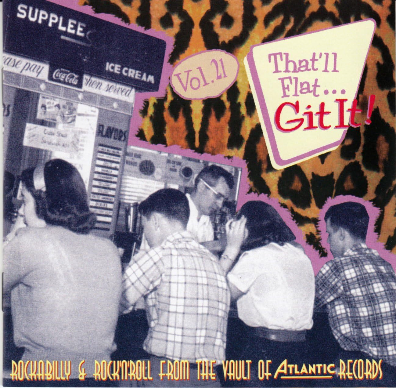 CD cover: people at a 1950s diner, leopard print background.