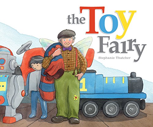 A fairy with wings, a cap, and suspenders stands with toys including a train.