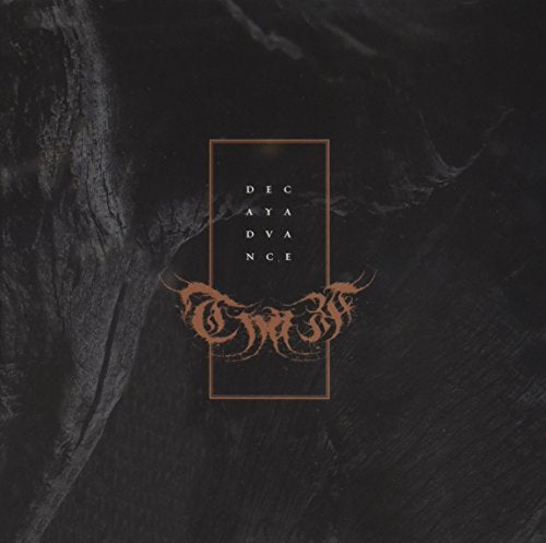 Dark textured background with band logo and text in a gold rectangle.