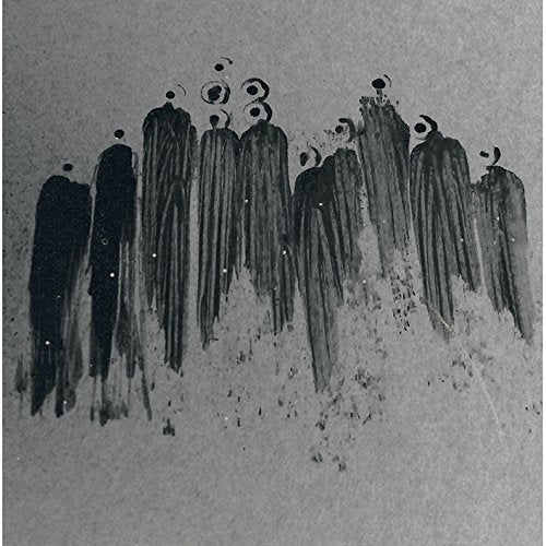 Abstract black brushstroke figures on a grey textured background.