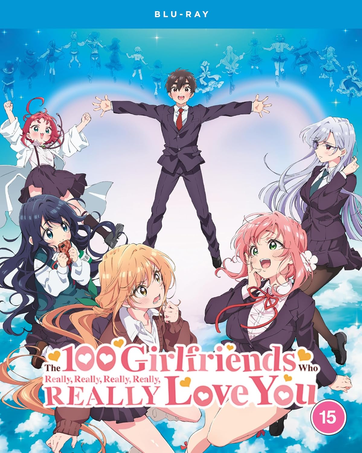 Anime-style Blu-ray cover featuring a boy surrounded by many smiling girls.