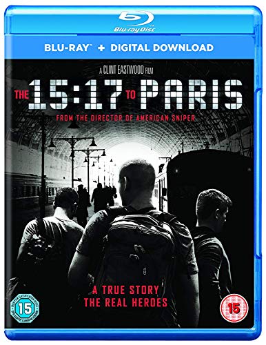 The 15:17 To Paris" Blu-ray cover featuring three men walking through a train station.