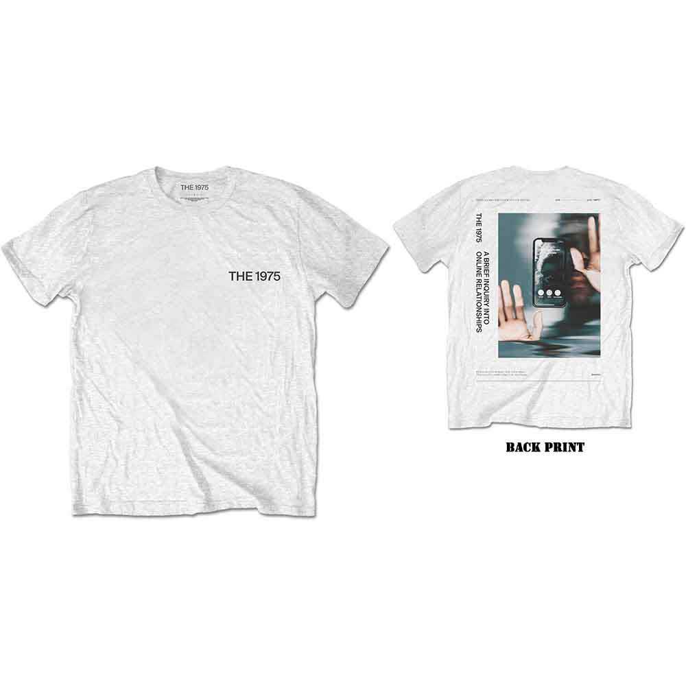 White t-shirt with "The 1975" text on front and album art on back.