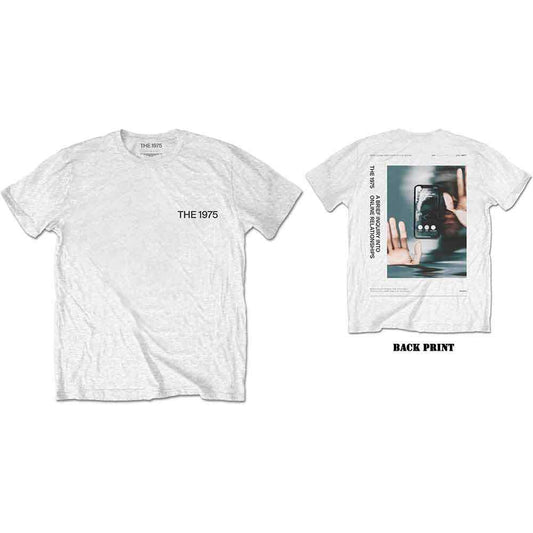 White t-shirt with "The 1975" text on front and album art on back.