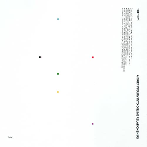White album cover with small colored squares, tracklist, and text on the right side.