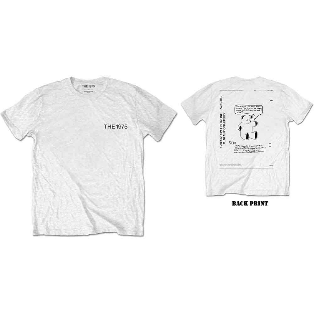 White t-shirt with "THE 1975" logo on front and graphic on back.