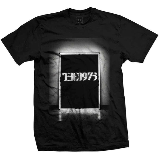 Black t-shirt with white and black graphic of “THE1975” text.