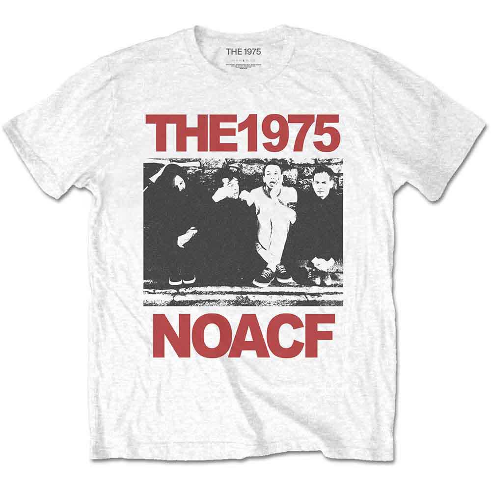 White t-shirt with "THE1975" and "NOACF" band logo graphic.