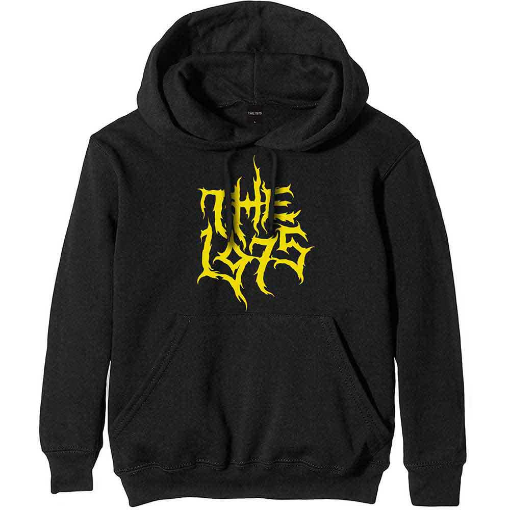 Black unisex pullover hoodie featuring a gold The 1975 logo on the chest.