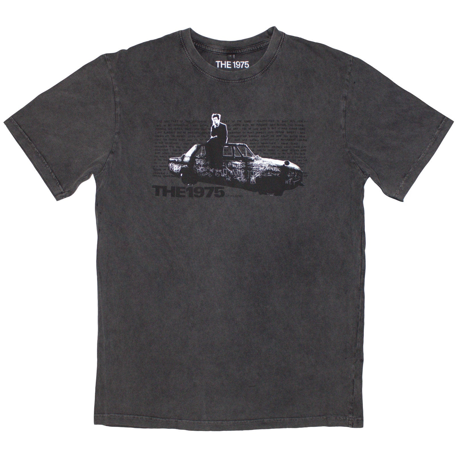 Stone wash t-shirt with a photo of a car, size X-Large.