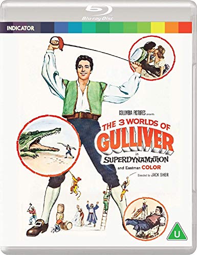 Blu-ray cover art for The 3 Worlds of Gulliver featuring a giant man.