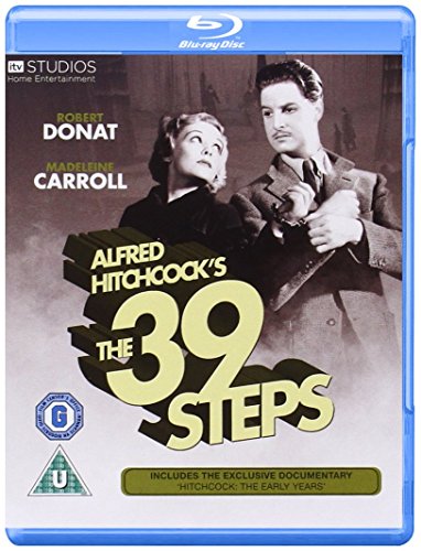 Blu-ray cover for The 39 Steps featuring Robert Donat and Madeleine Carroll in handcuffs.