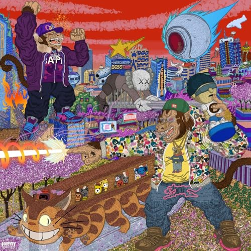 Colorful, cartoonish album cover with figures and a cityscape.