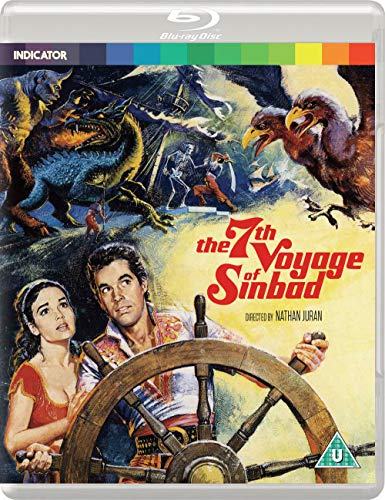 The 7th Voyage of Sinbad" Blu-ray cover with fantasy creatures and characters.