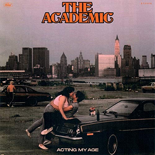 Album cover with couple leaning on car, cityscape in the background.
