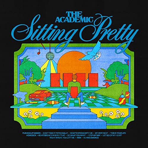 Vinyl album cover: "The Academic - Sitting Pretty" with surreal landscape art.