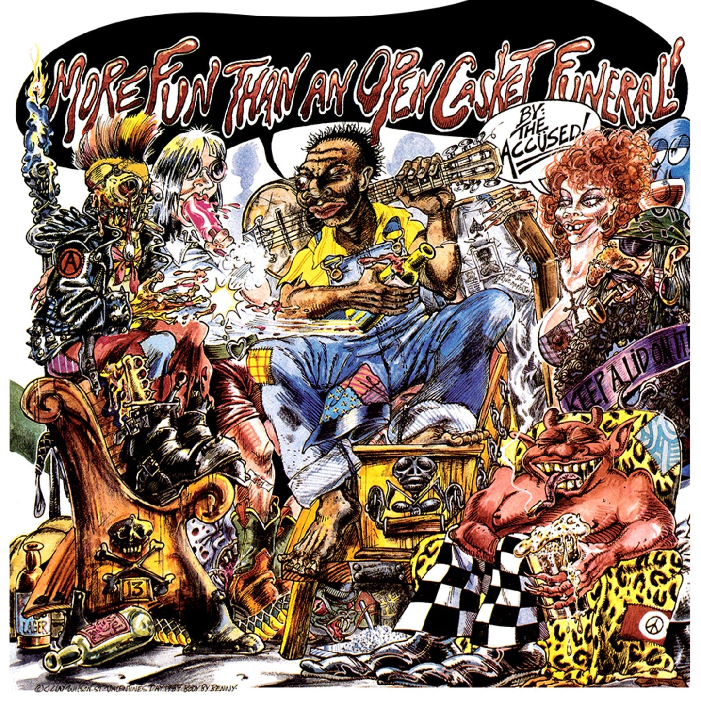 Album cover: chaotic cartoon scene with musicians and bizarre figures.