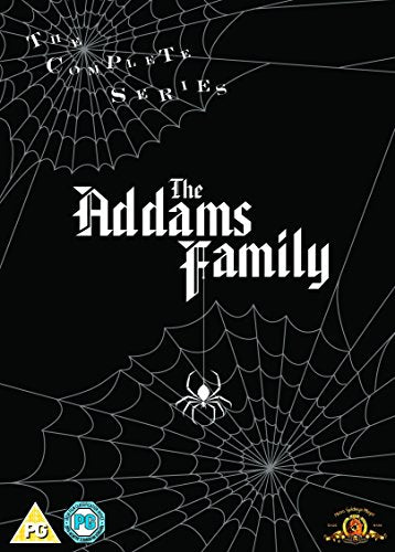 DVD cover for The Addams Family featuring white spiderwebs and a spider on black.