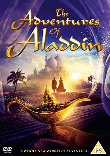 DVD cover for "The Adventures of Aladdin" with golden lamp and desert scene.