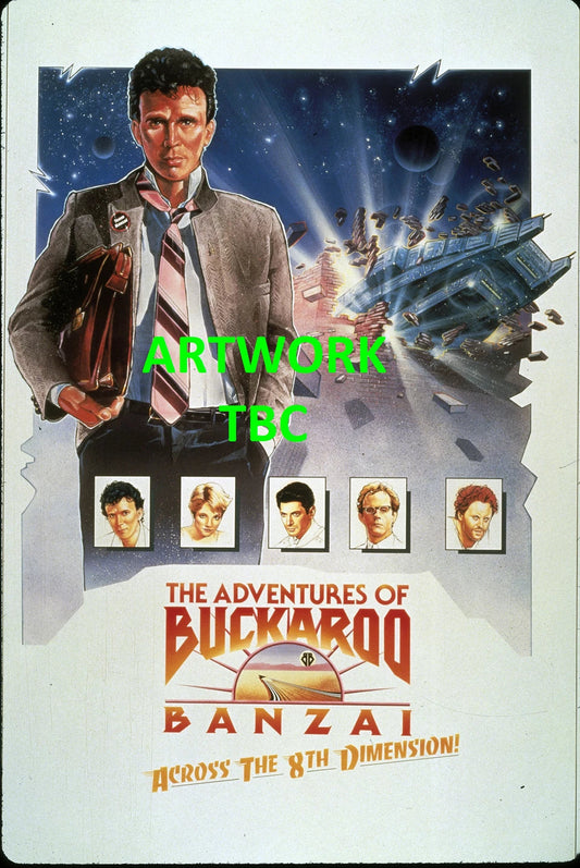 Movie poster for The Adventures of Buckaroo Banzai featuring the lead character and cast.
