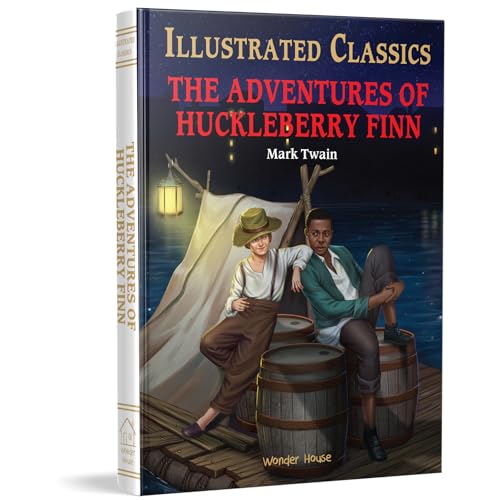 Book cover showing Huck Finn and Jim sitting on barrels on a wooden raft.