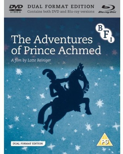 Blu-ray cover art featuring a silhouette of Prince Achmed riding a horse against stars.