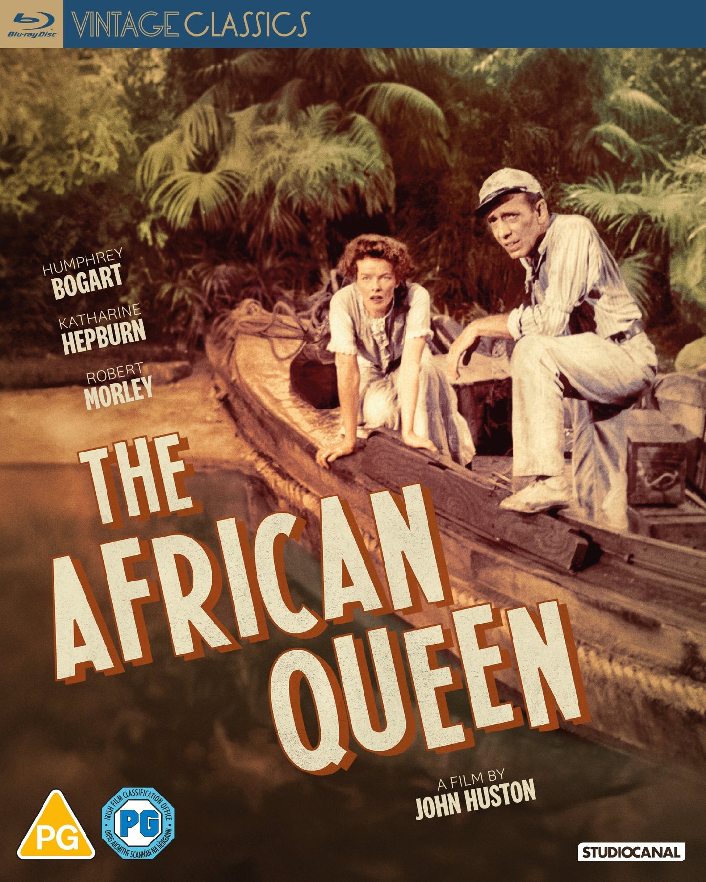 Humphrey Bogart and Katharine Hepburn on a boat in The African Queen movie poster.
