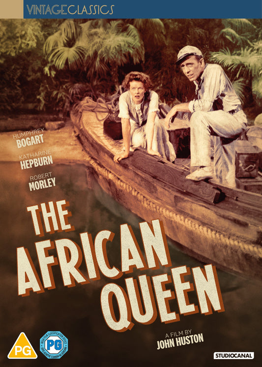 Humphrey Bogart and Katharine Hepburn on a boat in a jungle film poster.