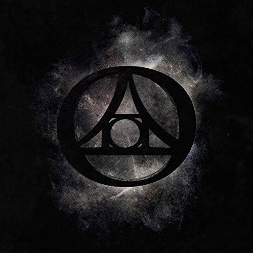 Black logo on a dark, cloudy background with a white glow.