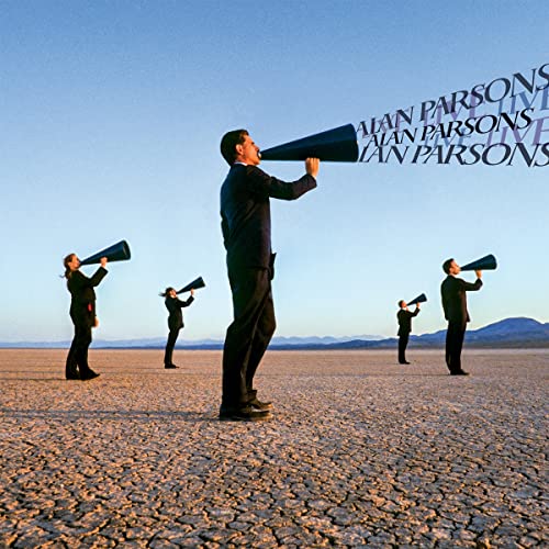People in suits with megaphones stand in a cracked desert landscape.