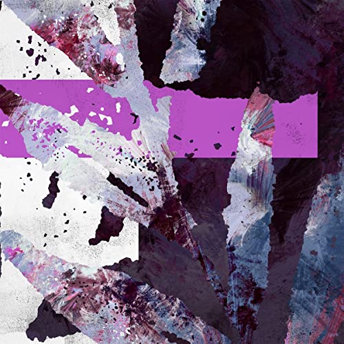Abstract art featuring torn paper textures, dark purple tones, and a bright purple horizontal band.
