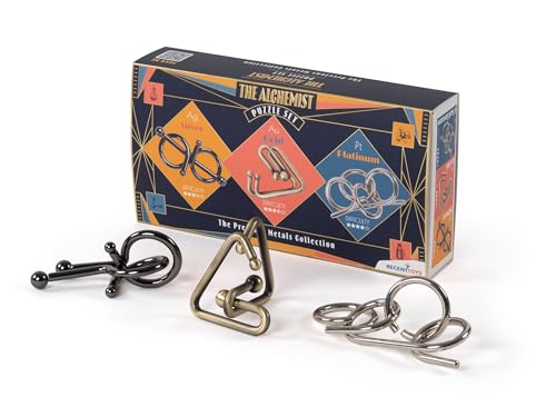 Box of three metal puzzles, including disassembled interlocking pieces.