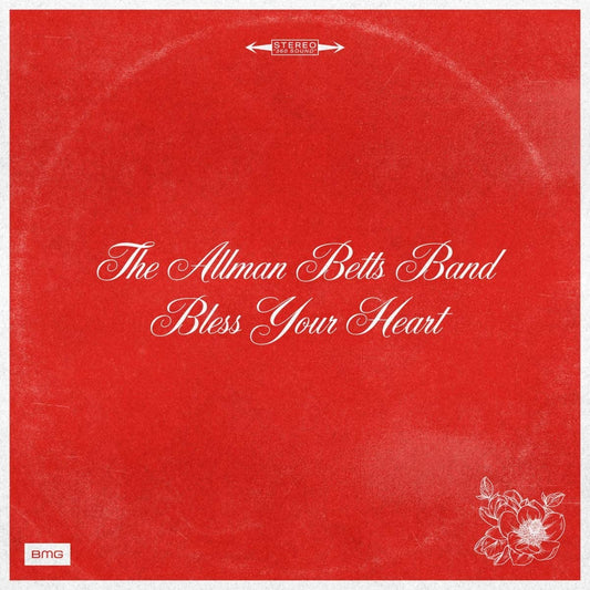 Red album cover with white text and floral design, displaying "The Allman Betts Band Bless Your Heart".