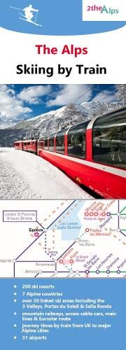 Red train travels through snowy Alps mountains, map details ski resorts.