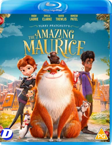 “The Amazing Maurice” Blu-ray cover featuring animated characters and a townscape.