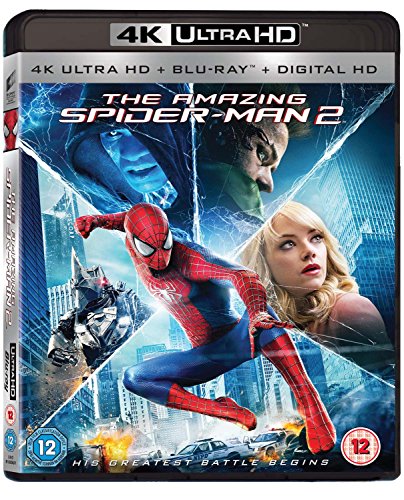 Blu-ray cover for The Amazing Spider-Man 2 featuring Spider-Man, Electro, Rhino, and Gwen Stacy.