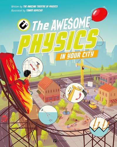 Book cover depicting city scenes illustrating physics concepts like motion and energy.